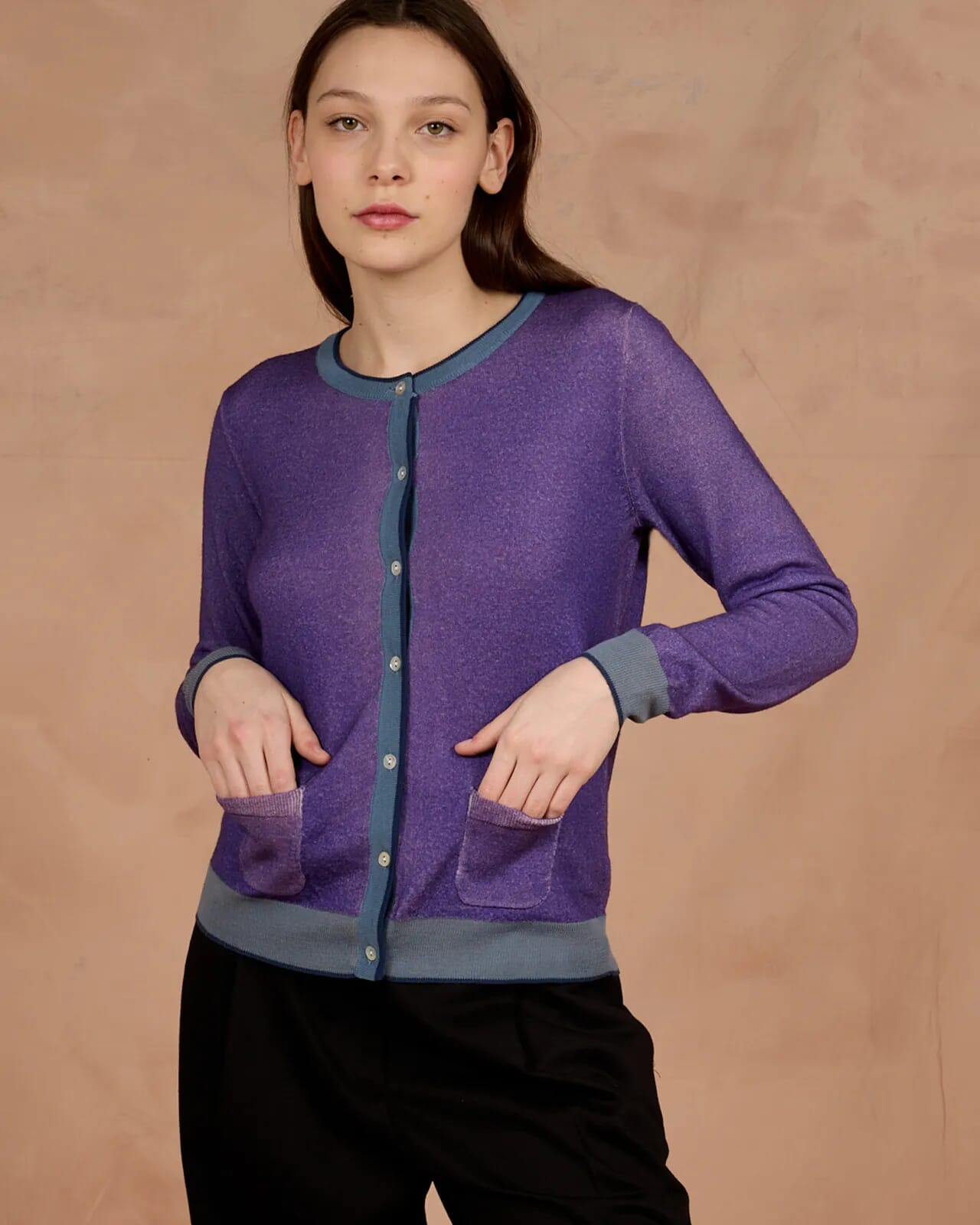 CONTRAST-EDGE PRINT CARDIGAN  WITH POCKETS COL. 008