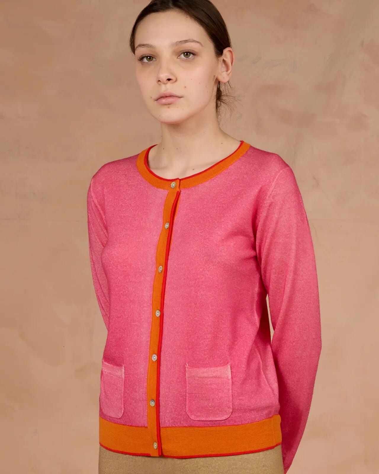 CONTRAST-EDGE PRINT CARDIGAN  WITH POCKETS COL. 027