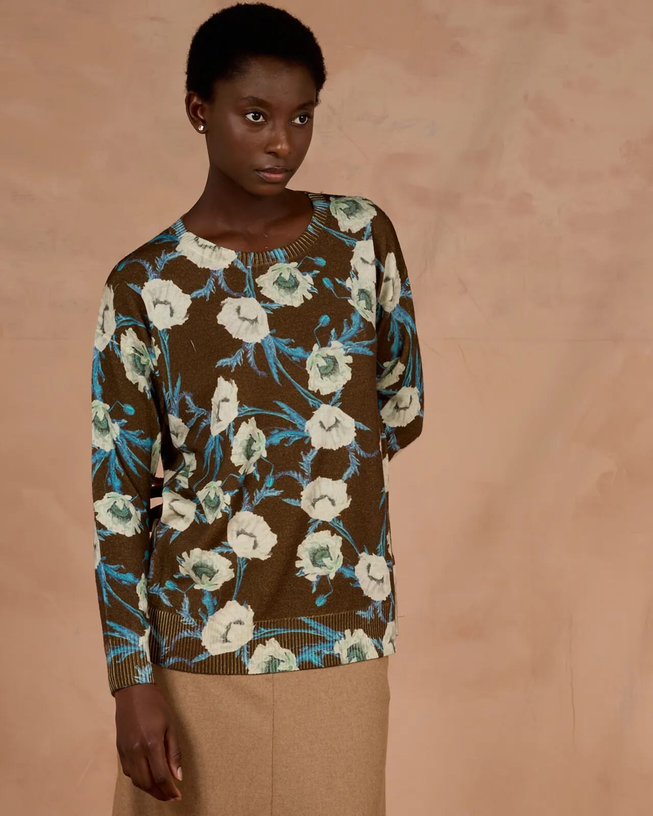 FLORAL PRINT BOAT NECK JUMPER  COL.102