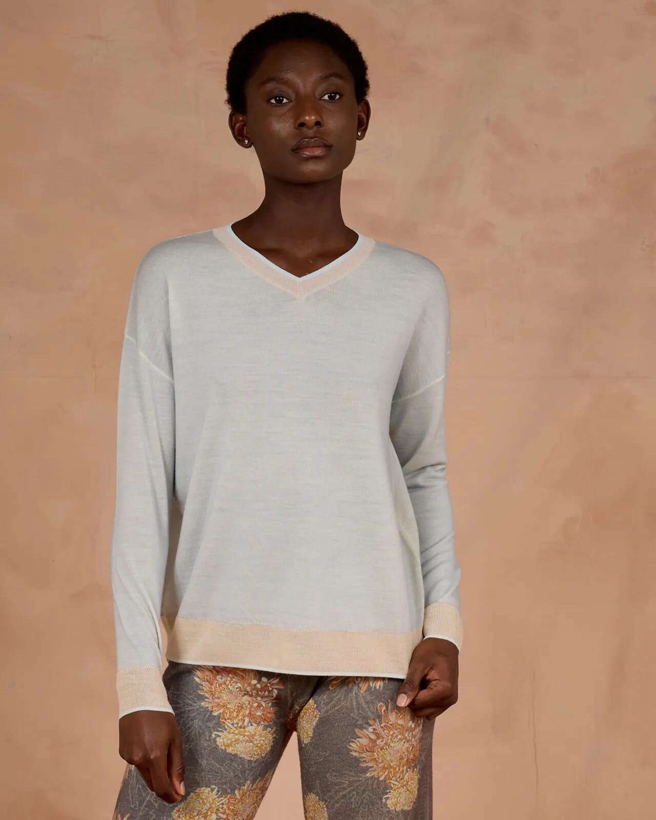 SOLID COLOR PRINT BATWING  SLEEVES V NECK JUMPER WITH...