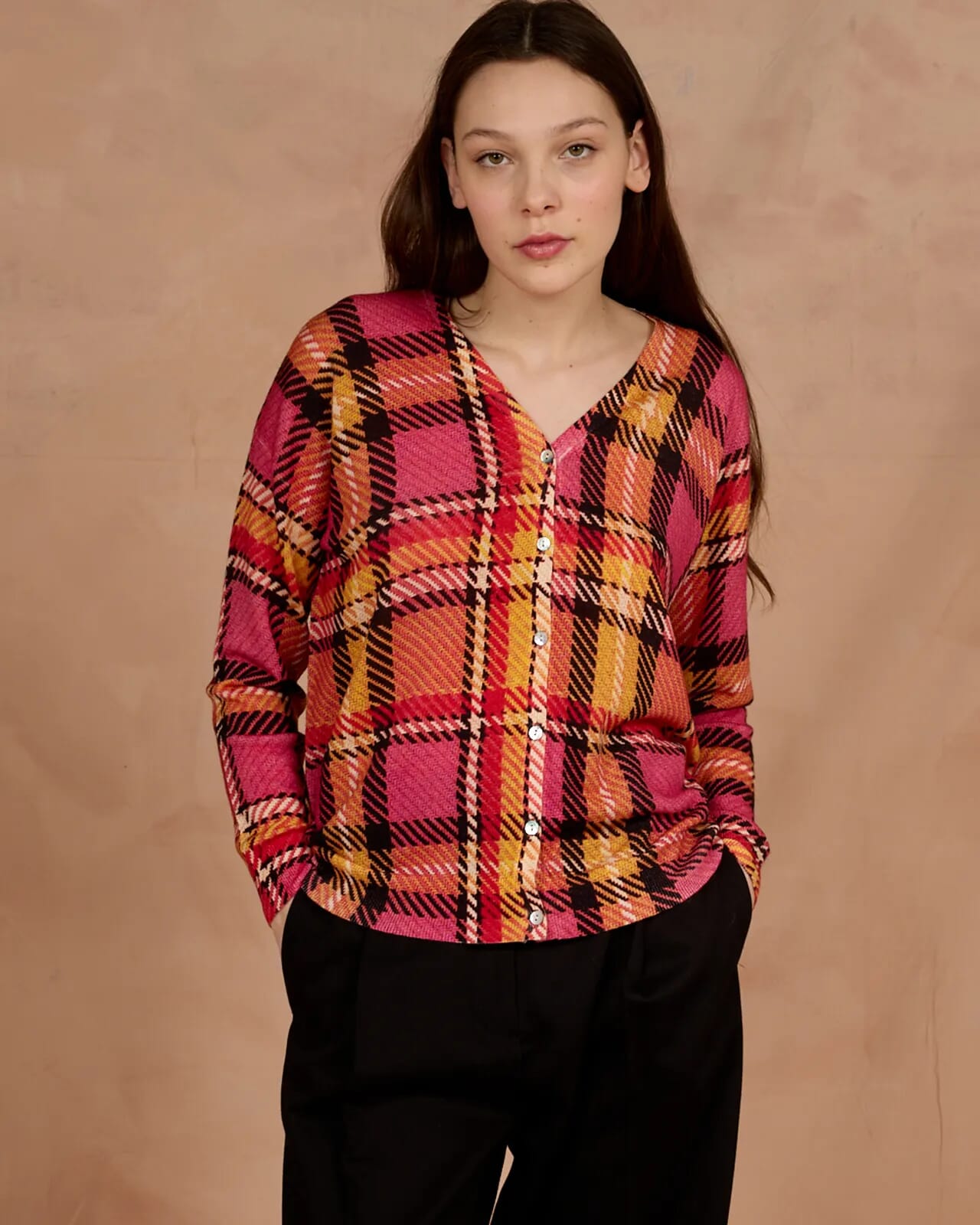 GEOMETRIC PRINT V NECK CARDIGAN COL.222