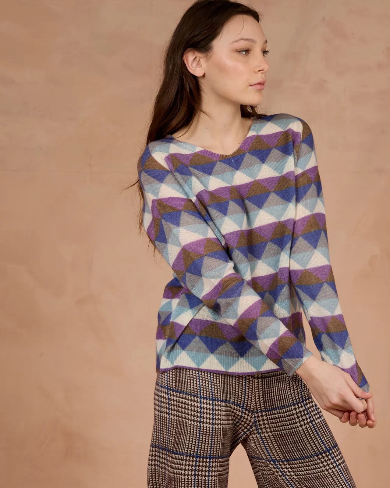 GEOMETRIC PRINT V NECK JUMPER  COL.129