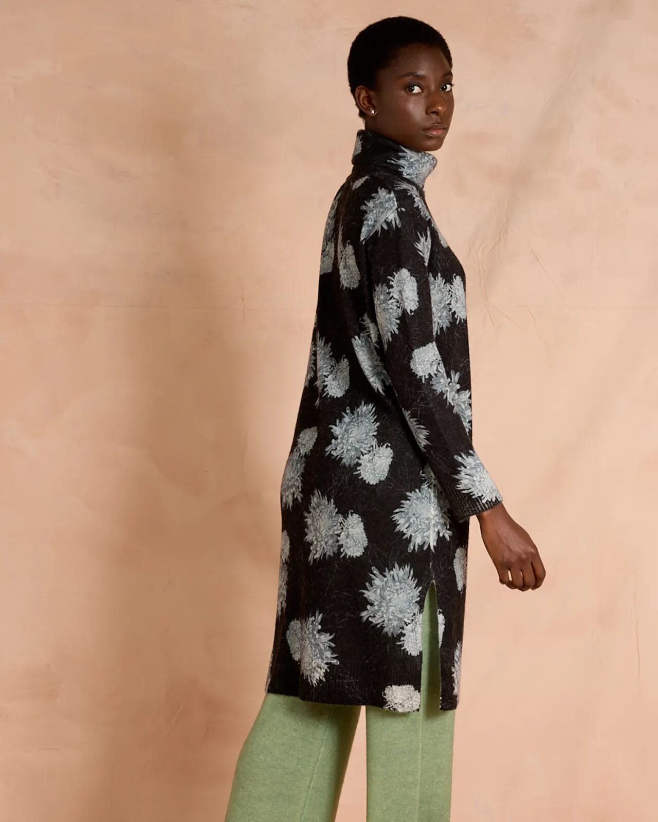 FLORAL PRINT HIGH NECK MID  DRESS COL.158