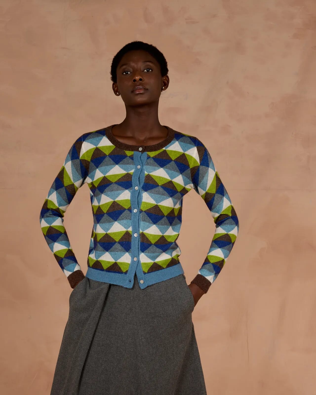 GEOMETRIC PRINT CREWNECK CARDIGAN COL.131