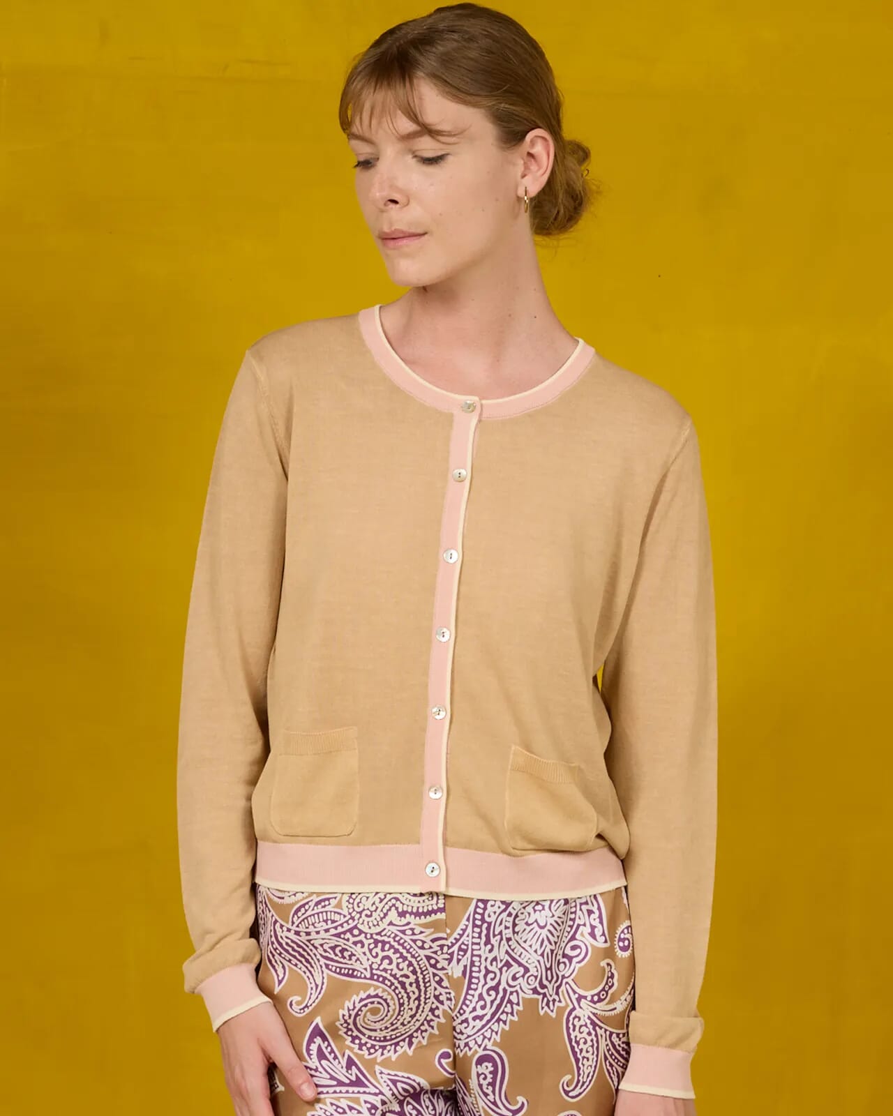 CONTRAST-EDGE PRINT CARDIGAN  WITH POCKETS COL. 015