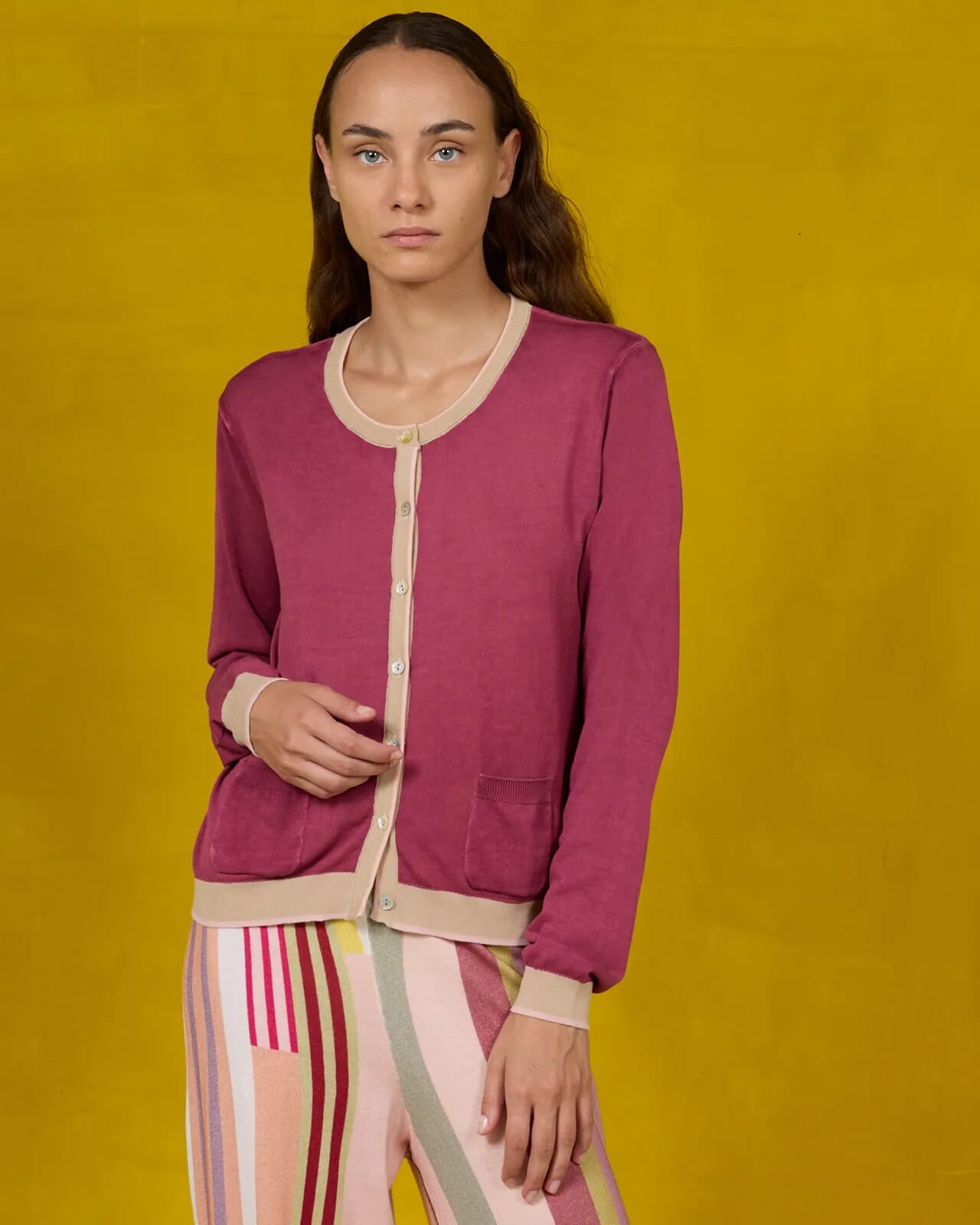 CONTRAST-EDGE PRINT CARDIGAN  WITH POCKETS COL. 014