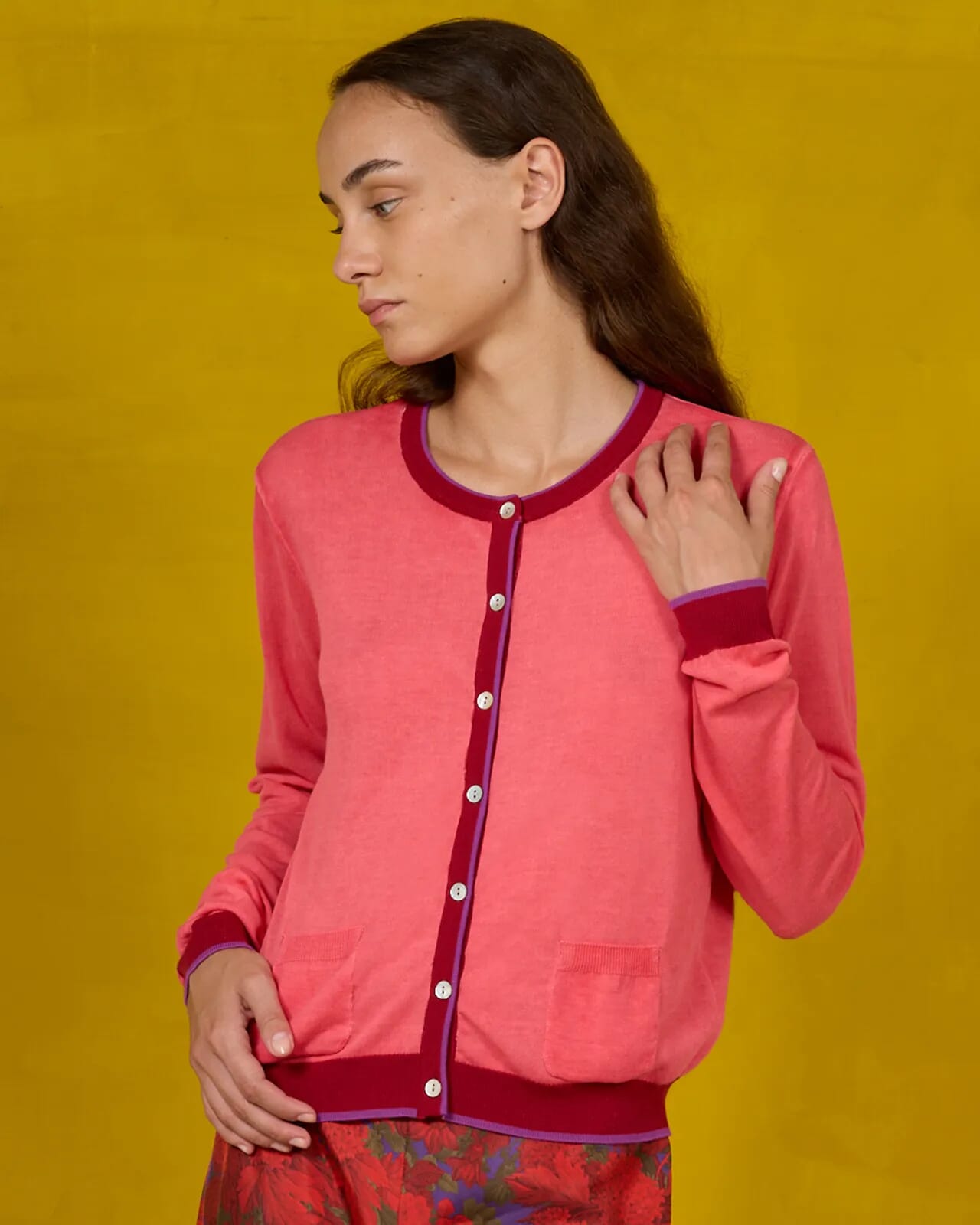 CONTRAST-EDGE PRINT CARDIGAN  WITH POCKETS COL. 022