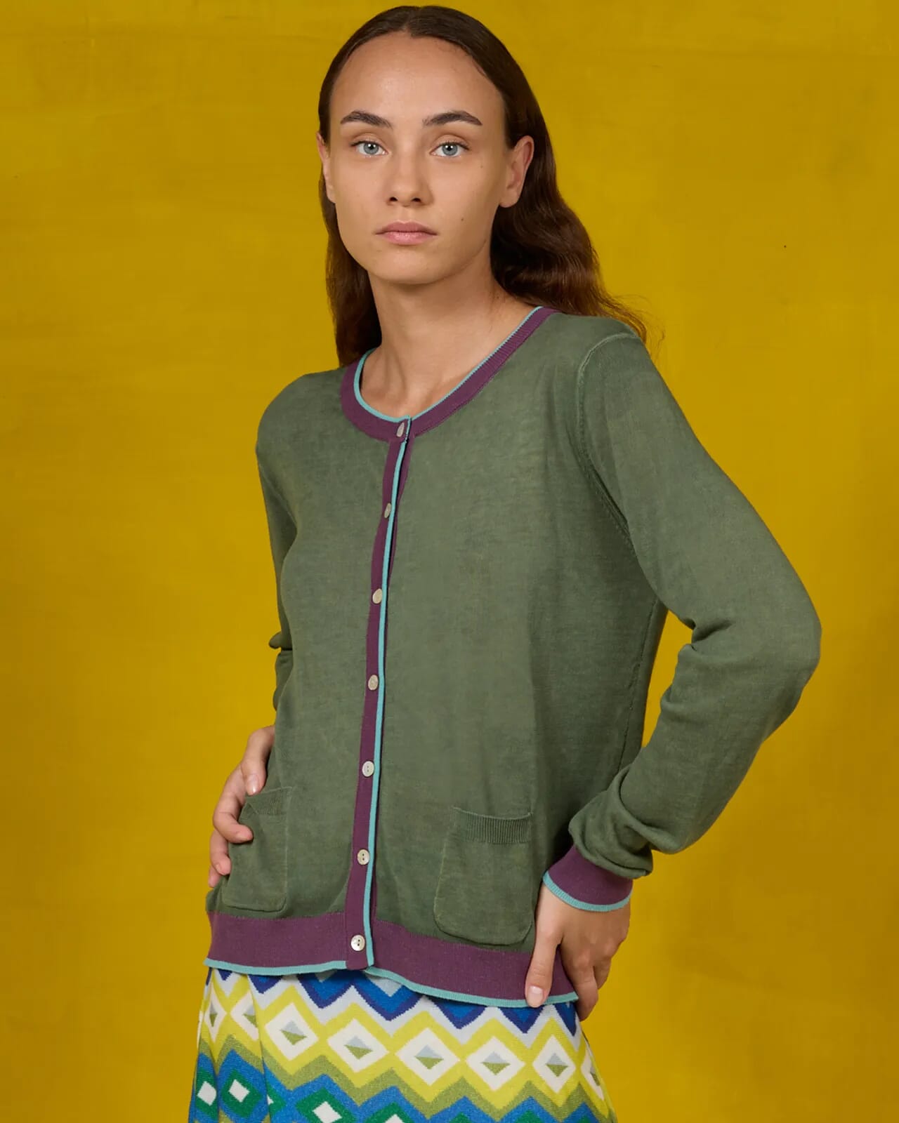 CONTRAST-EDGE PRINT CARDIGAN  WITH POCKETS COL. 030