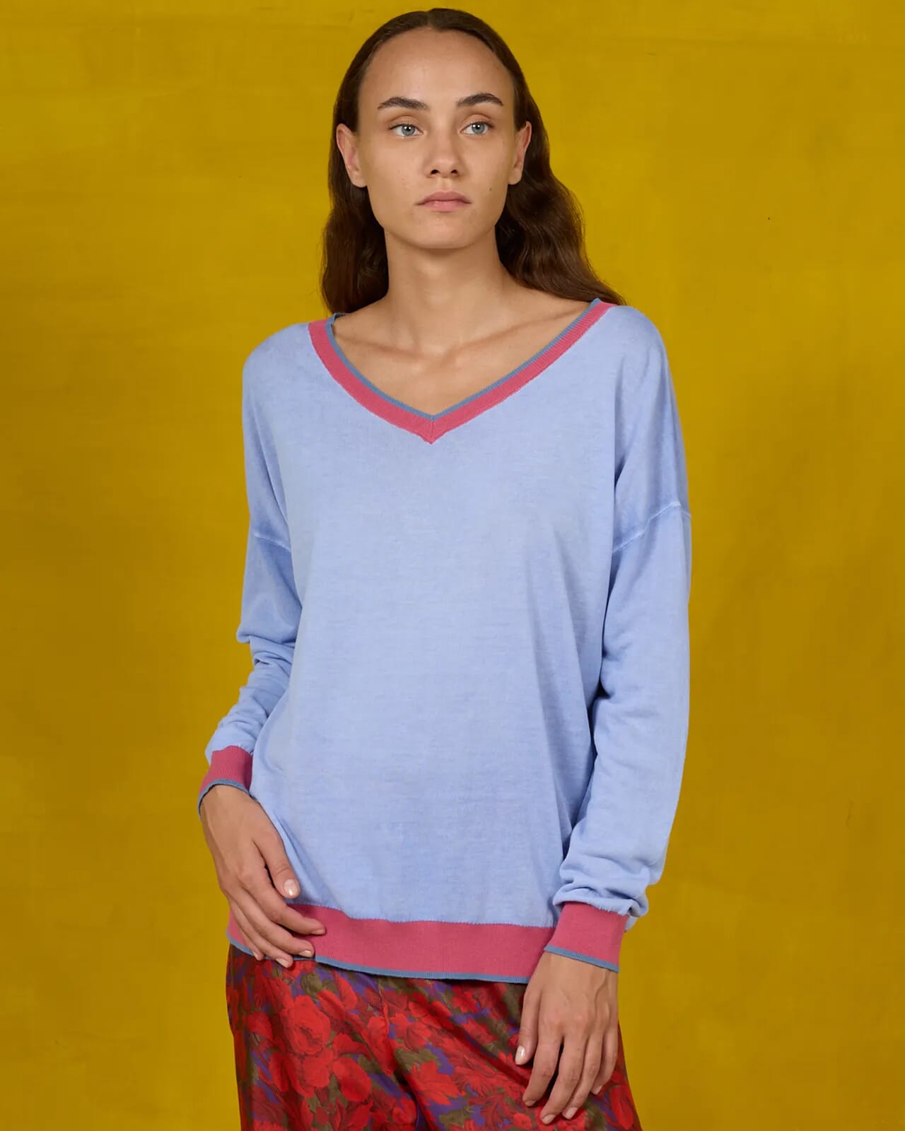 SOLID COLOR PRINT BATWING  SLEEVES V NECK JUMPER WITH...