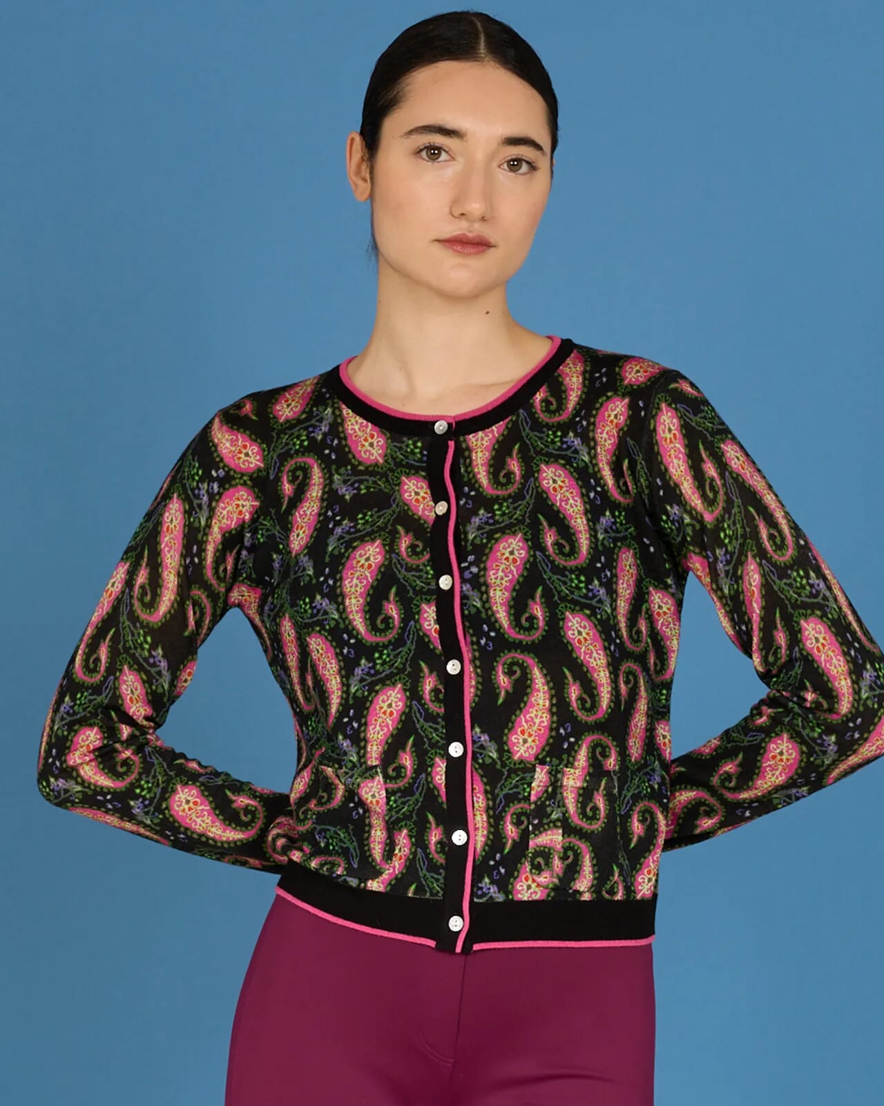 CONTRAST-EDGE PAISLEY PRINT CARDIGAN WITH POCKETS COL. 231