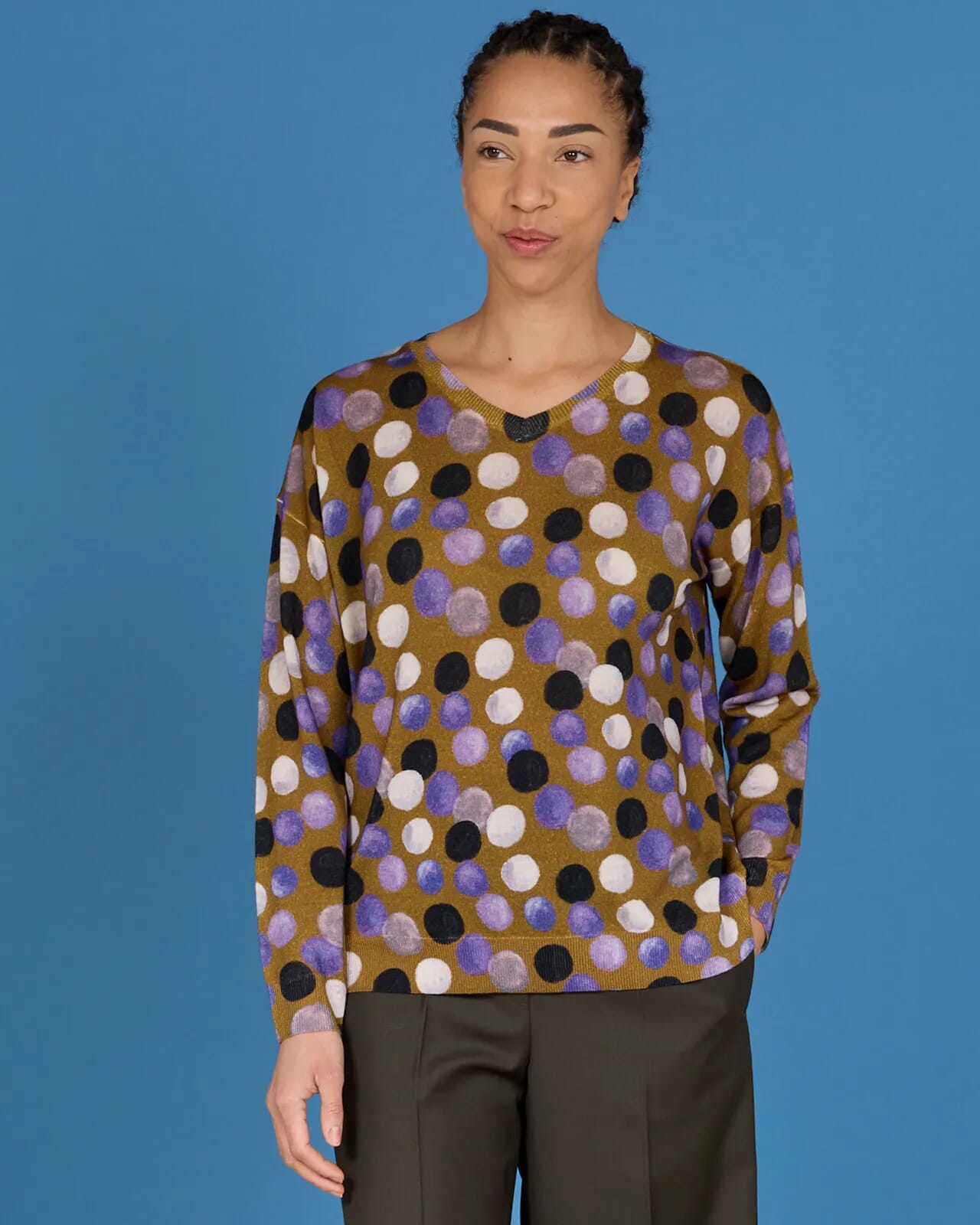 GEOMETRIC PRINT BATWING V NECK JUMPER COL.210
