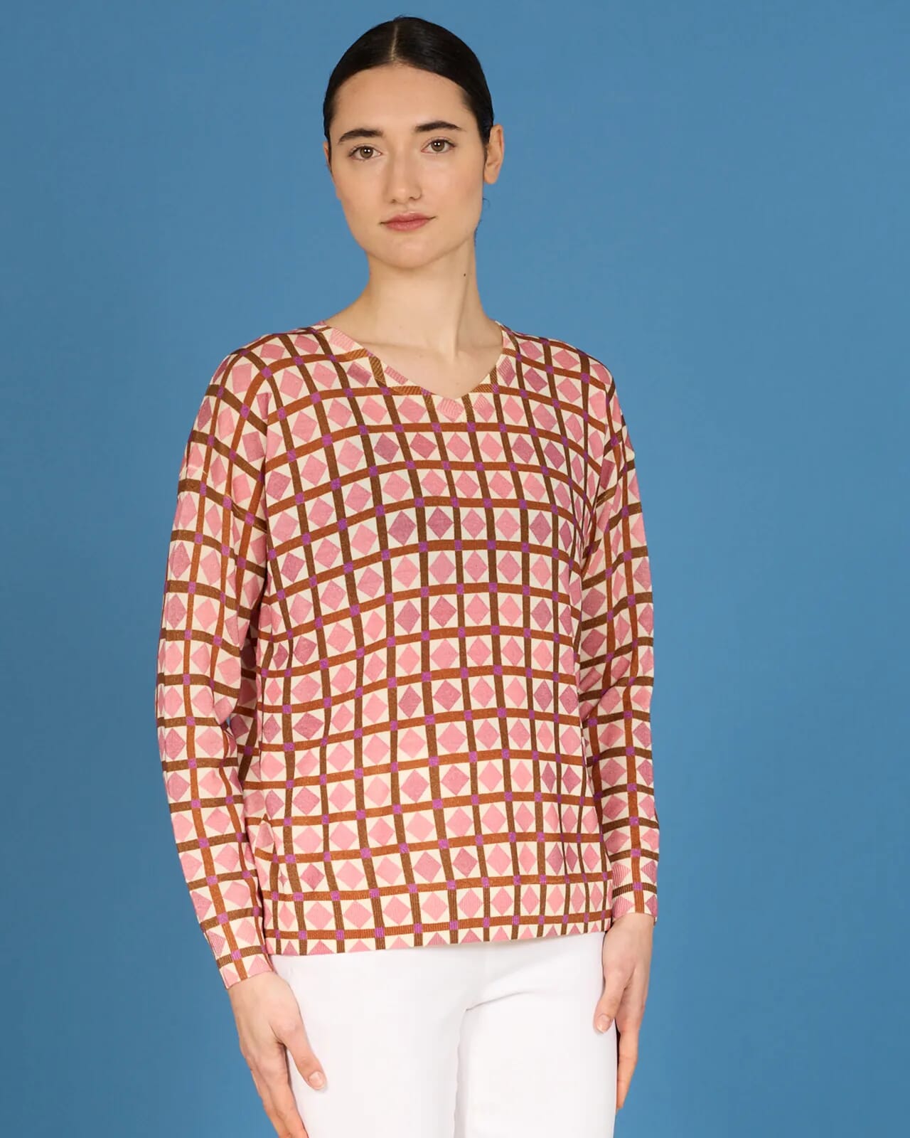 GEOMETRIC PRINT BATWING V NECK JUMPER COL.238