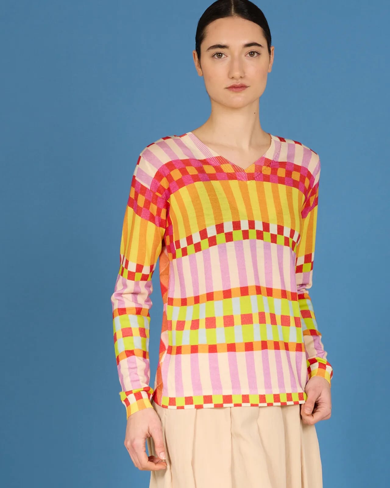 GEOMETRIC PRINTS DUPLEX V NECK JUMPER COL.350