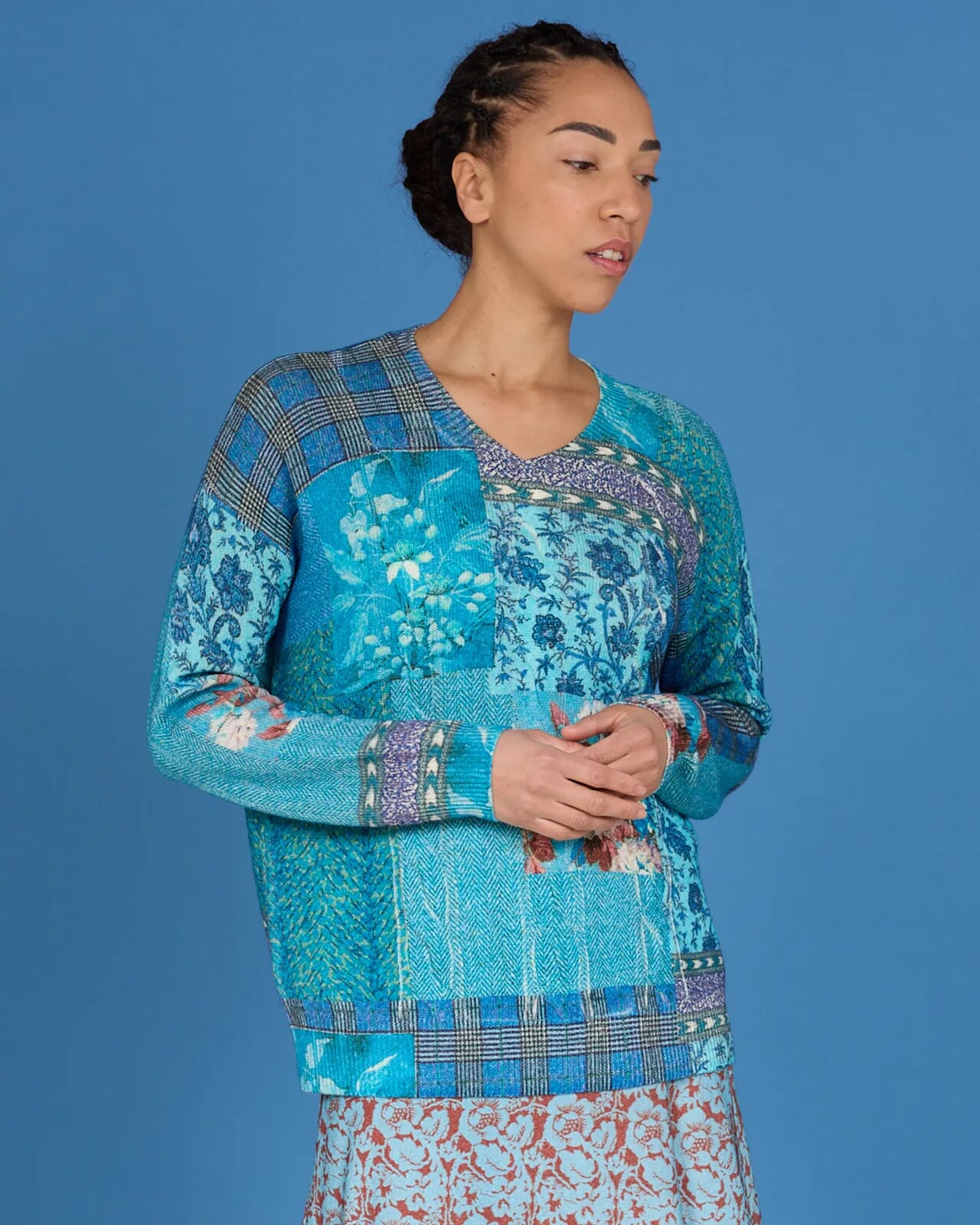 FLORAL PRINT V NECK BRAID JUMPER COL.208