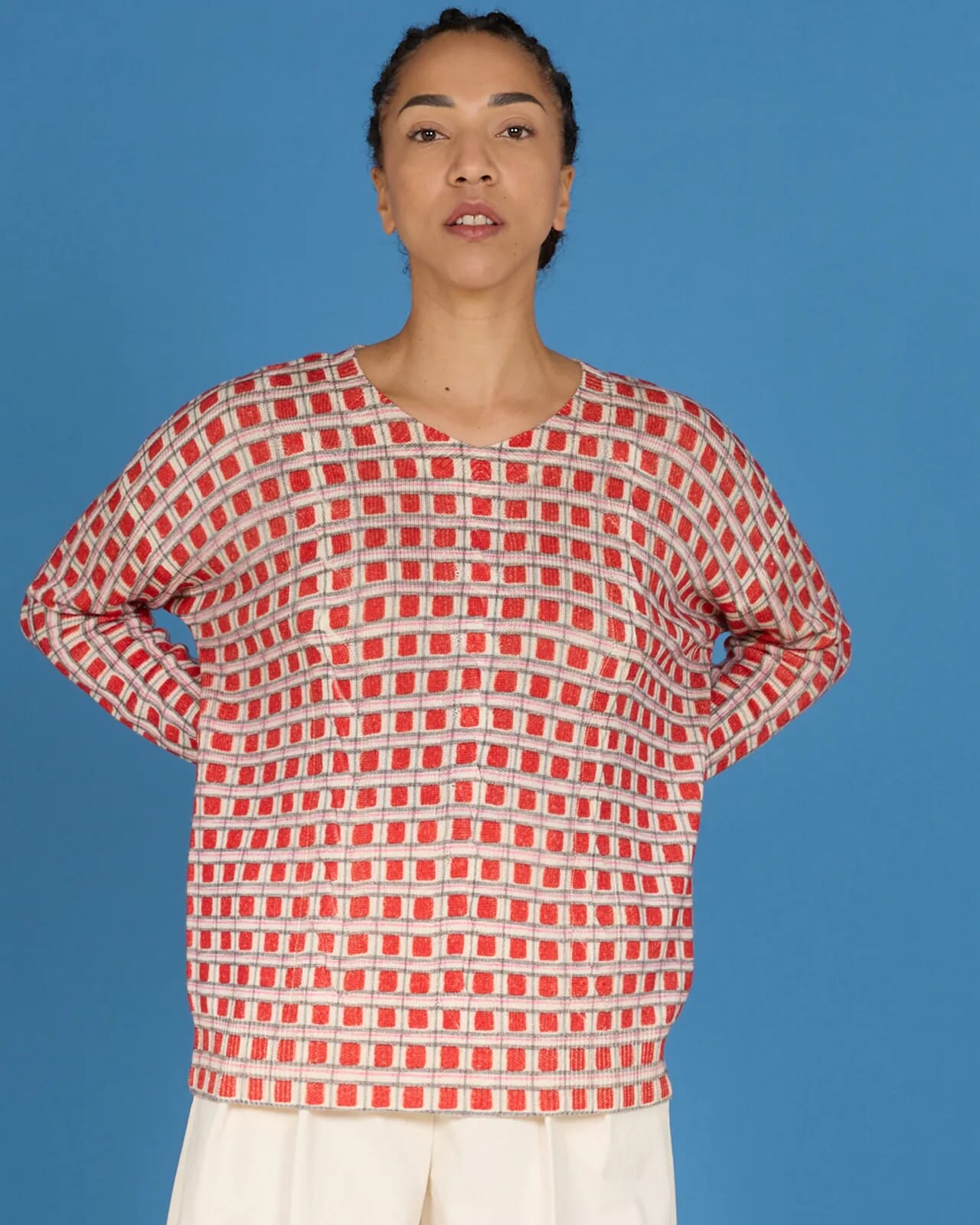 GEOMETRIC PRINT V NECK BRAID JUMPER COL.264