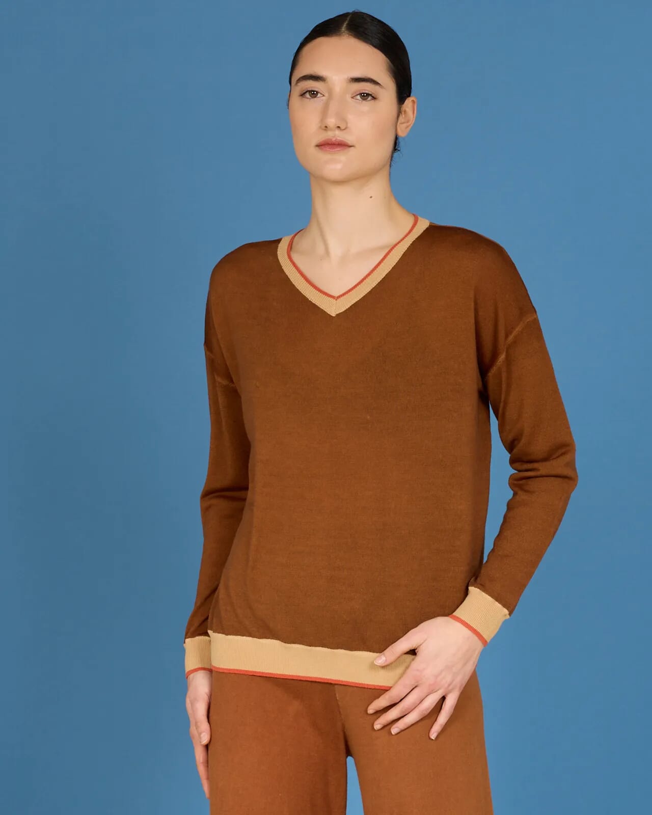 SOLID COLOR PRINT BATWING SLEEVES V NECK JUMPER WITH...