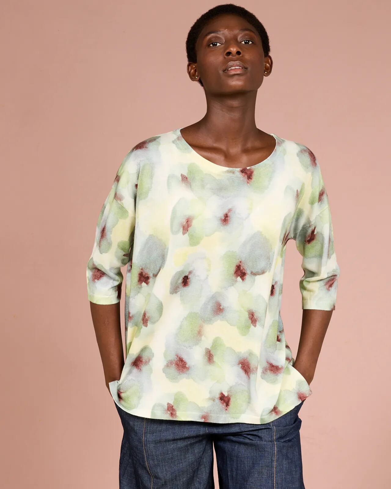 FLORAL PRINT BOAT NECK JUMPER COL.406