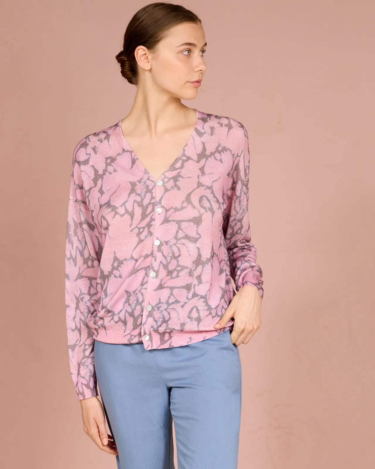 ABSTRACT PRINT V NECK CARDIGAN COL.480