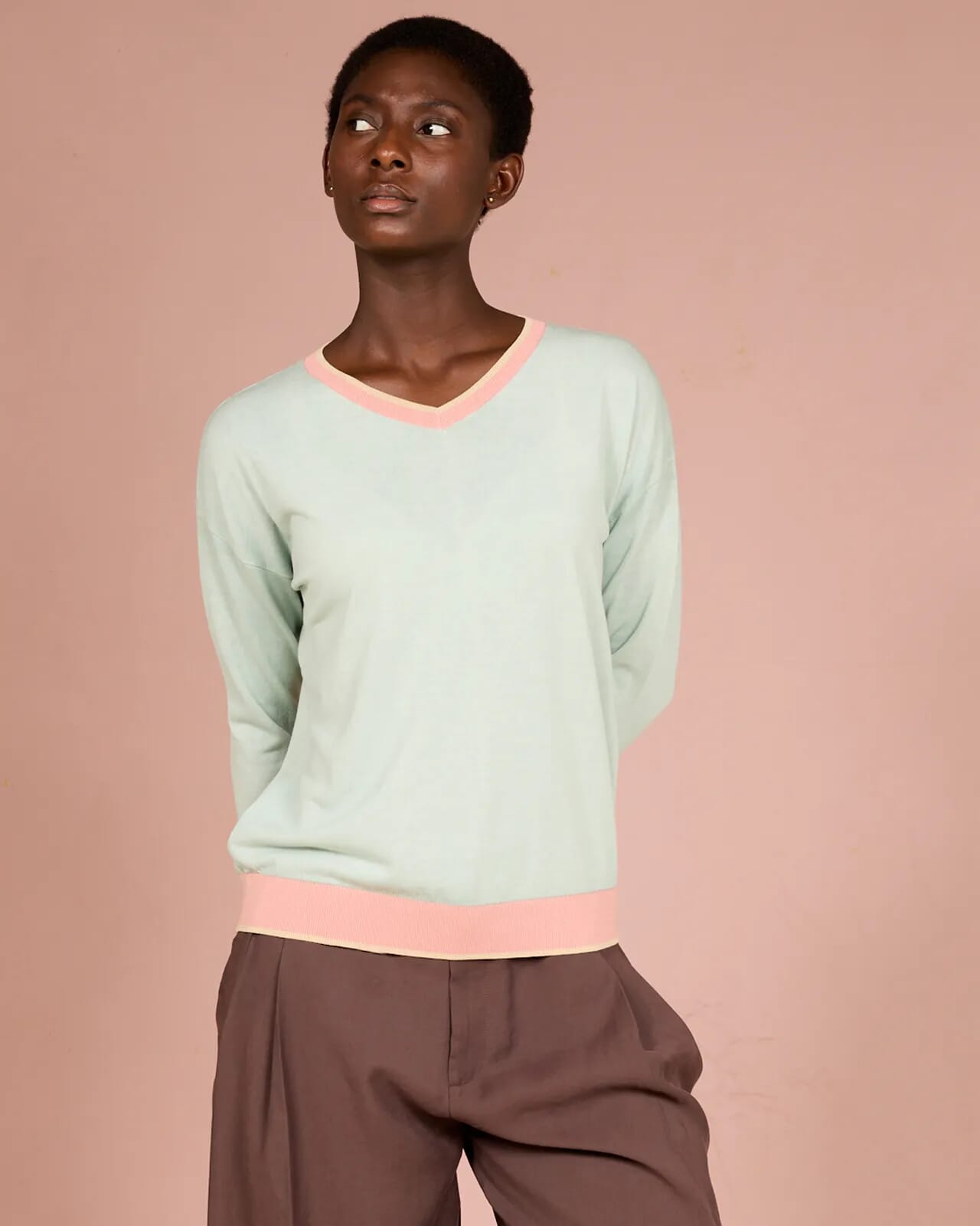 SOLID COLOR PRINT BATWING SLEEVES V NECK JUMPER WITH...