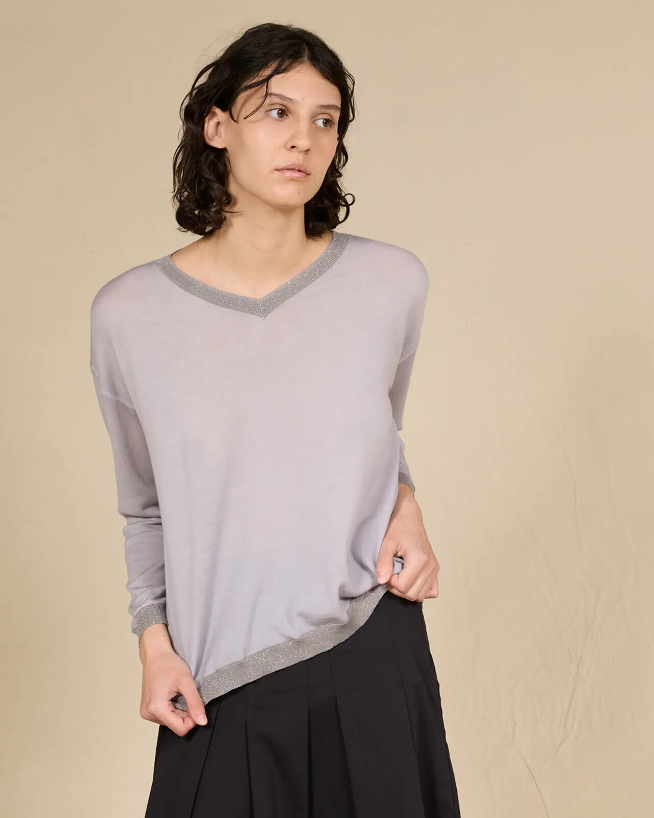 SOLID COLOR PRINT BATWING SLEEVES V NECK JUMPER WITH...