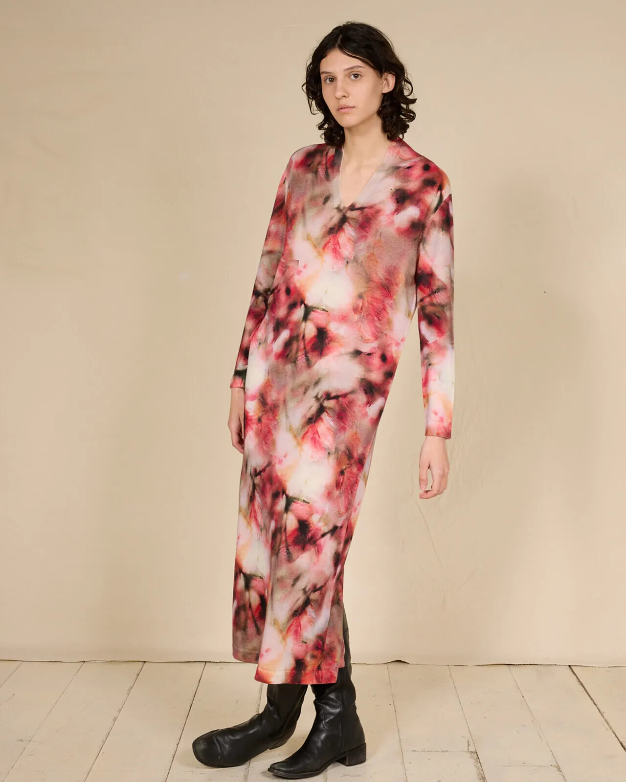 ABSTRACT PRINT LONG V NECK DRESS COL.244