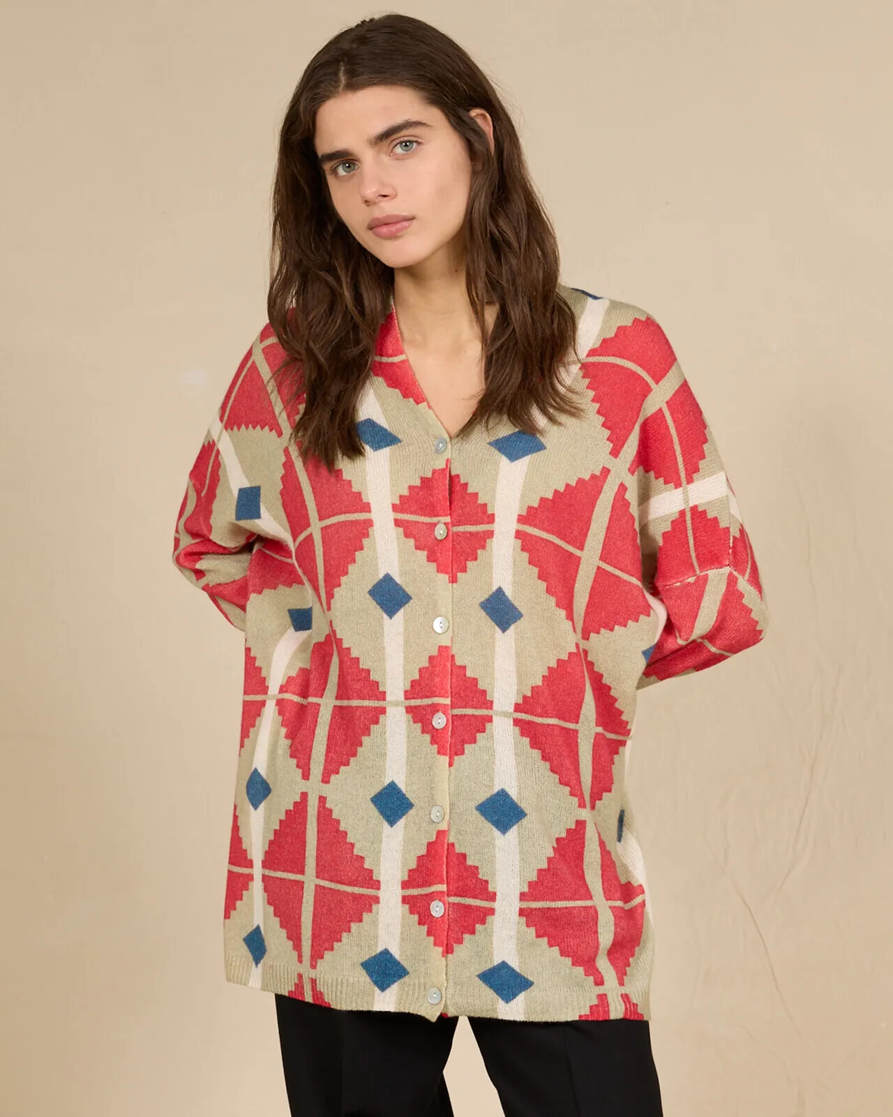 GEOMETRIC PRINT LOOSE-FIT CARDIGAN COL.137