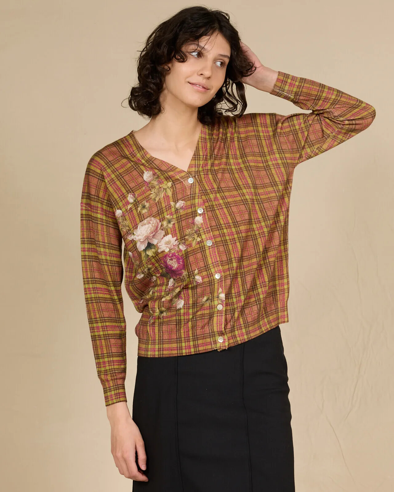 TARTAN AND FLORAL PRINT V NECK CARDIGAN COL.245