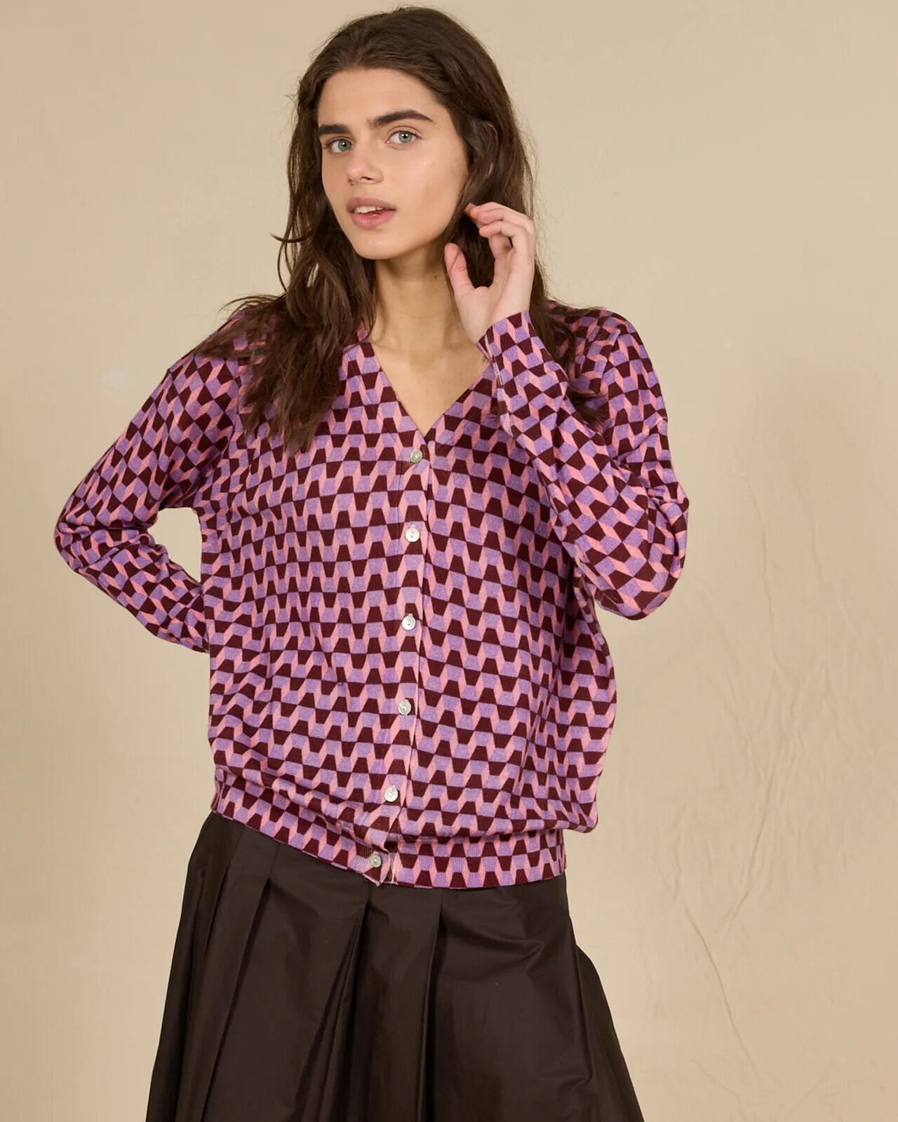 GEOMETRIC PRINT V NECK CARDIGAN COL.231