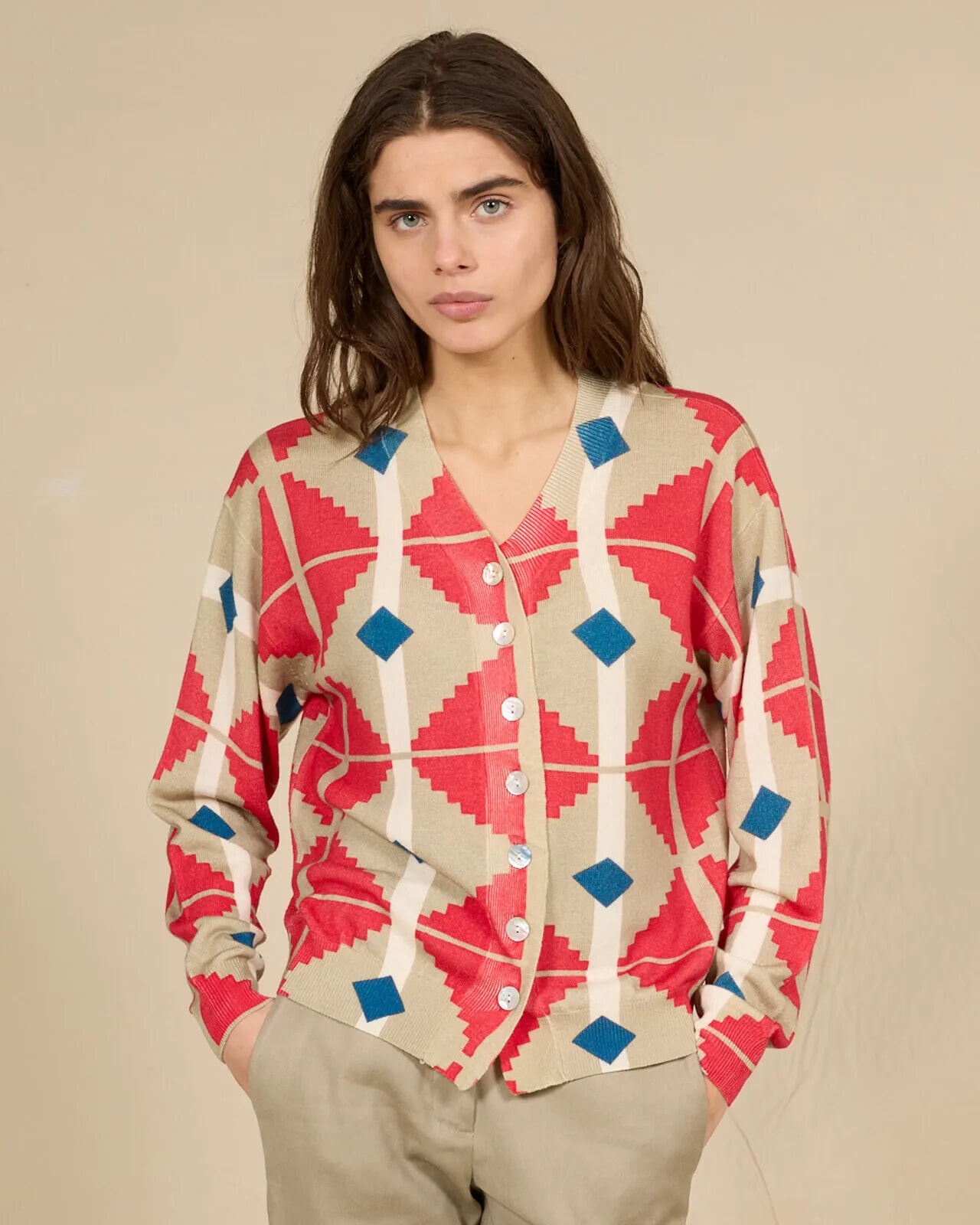 GEOMETRIC PRINT ASYMMETRIC CARDIGAN COL.137