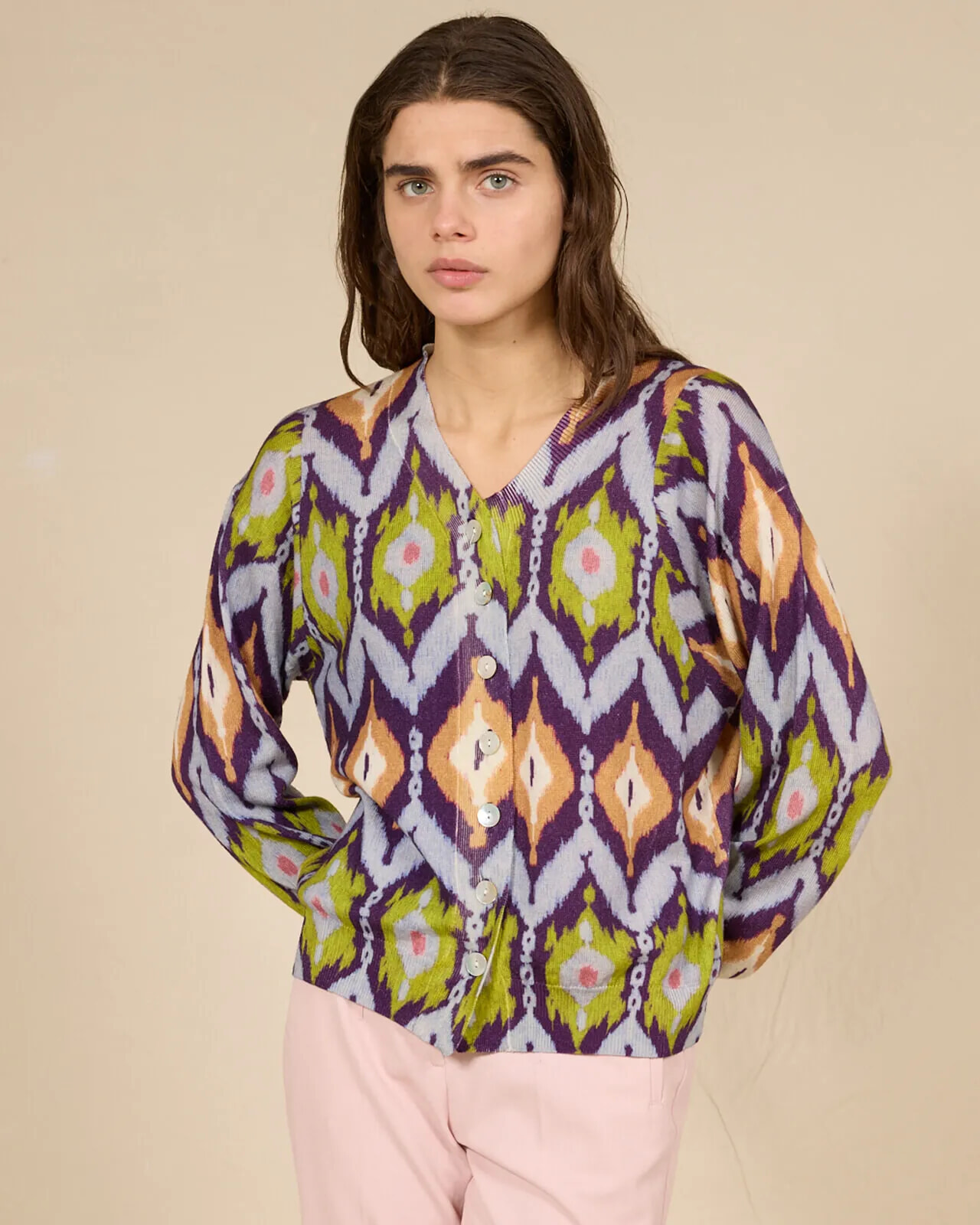 ABSTRACT PRINT ASYMMETRIC CARDIGAN COL.129