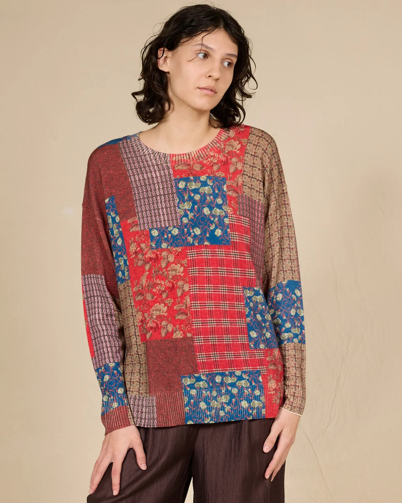 FLORAL AND GEOMETRIC PRINT BOAT NECK JUMPER COL.135