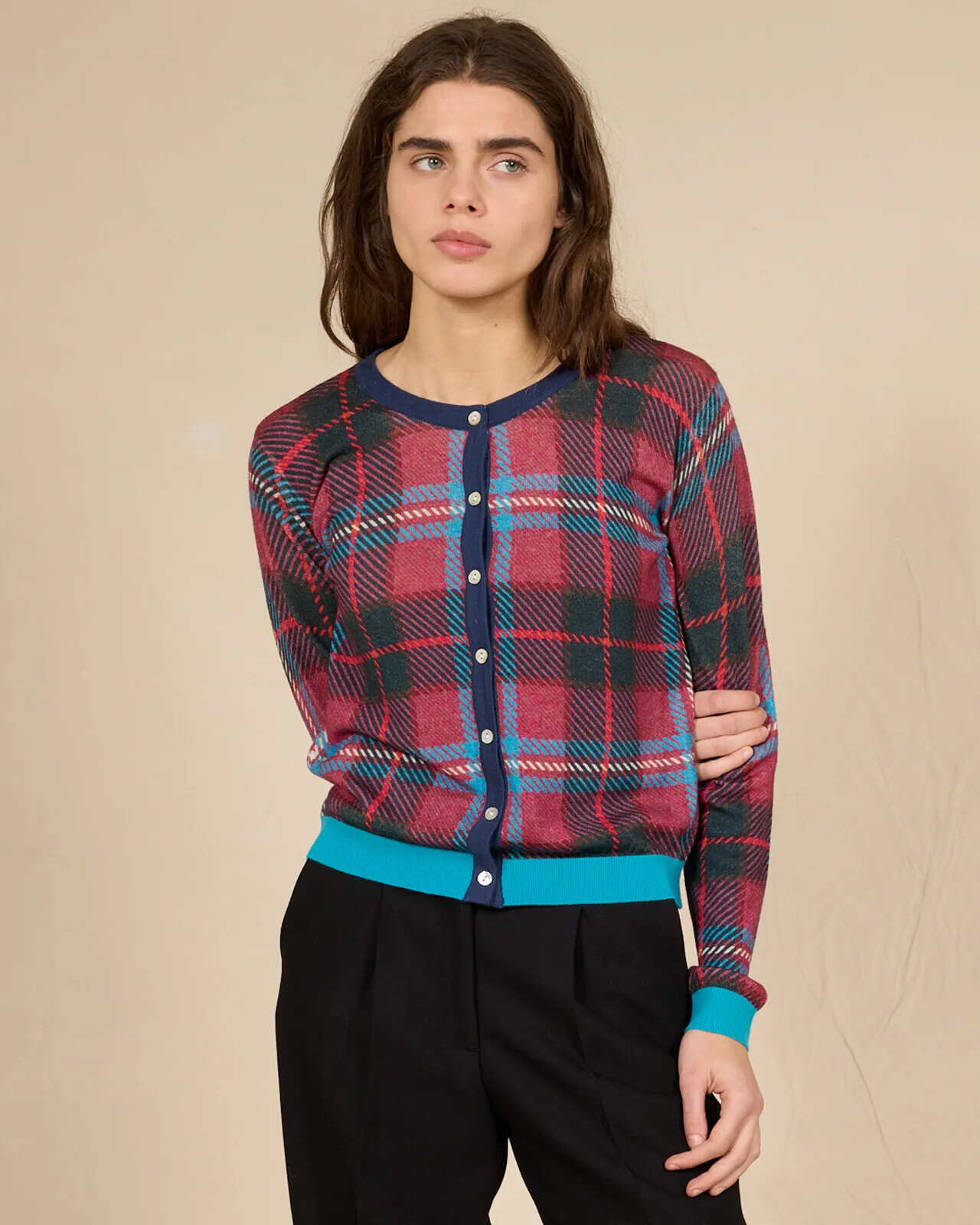CONTRAST-EDGE GEOMETRIC PRINT CARDIGAN COL. 257