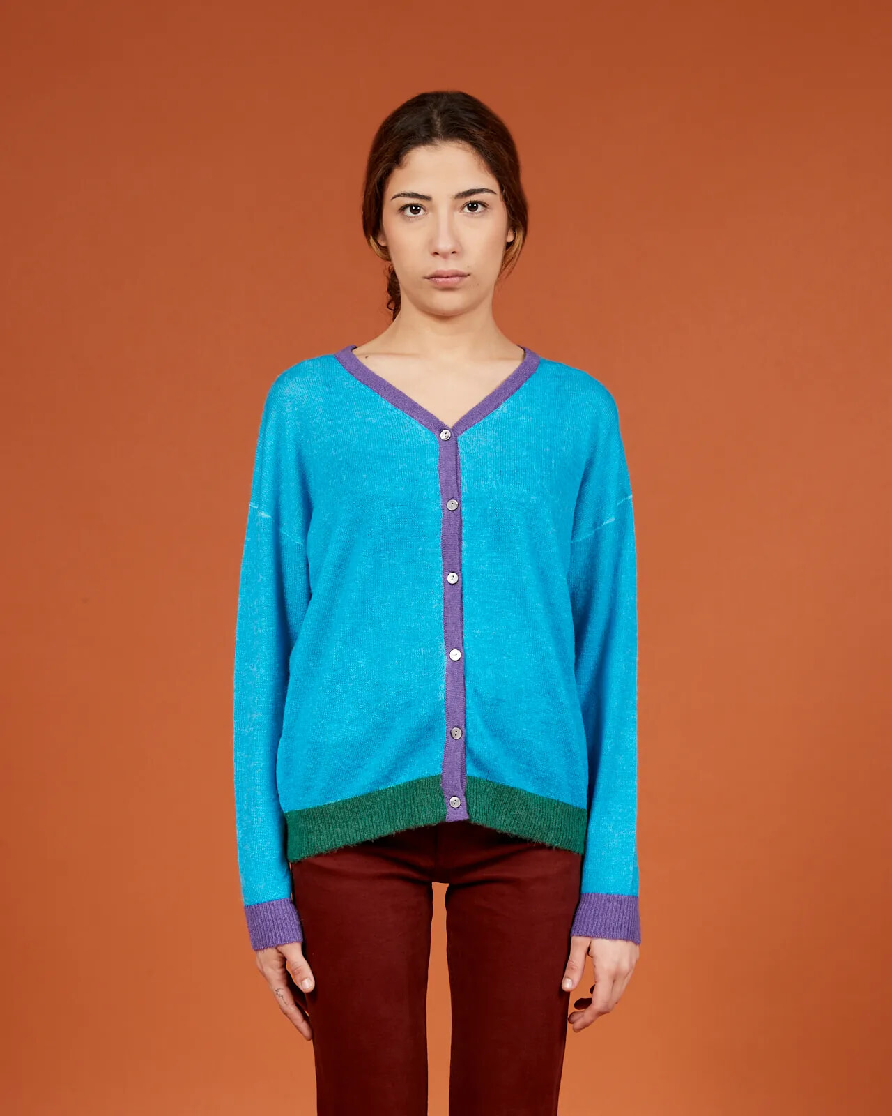 SOLID COLOUR PRINT V NECK CARDIGAN COL.005