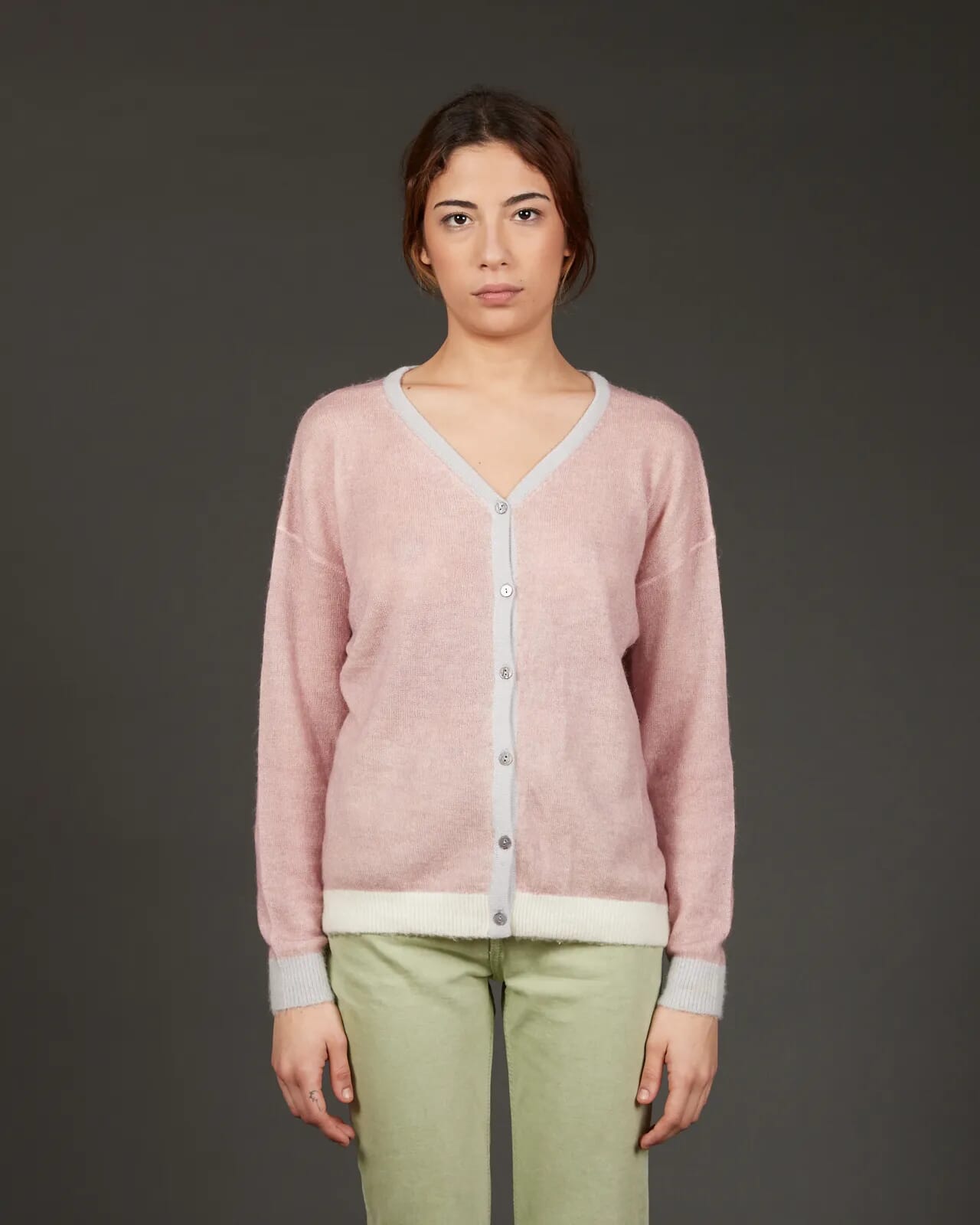 SOLID COLOUR PRINT V NECK CARDIGAN COL.020