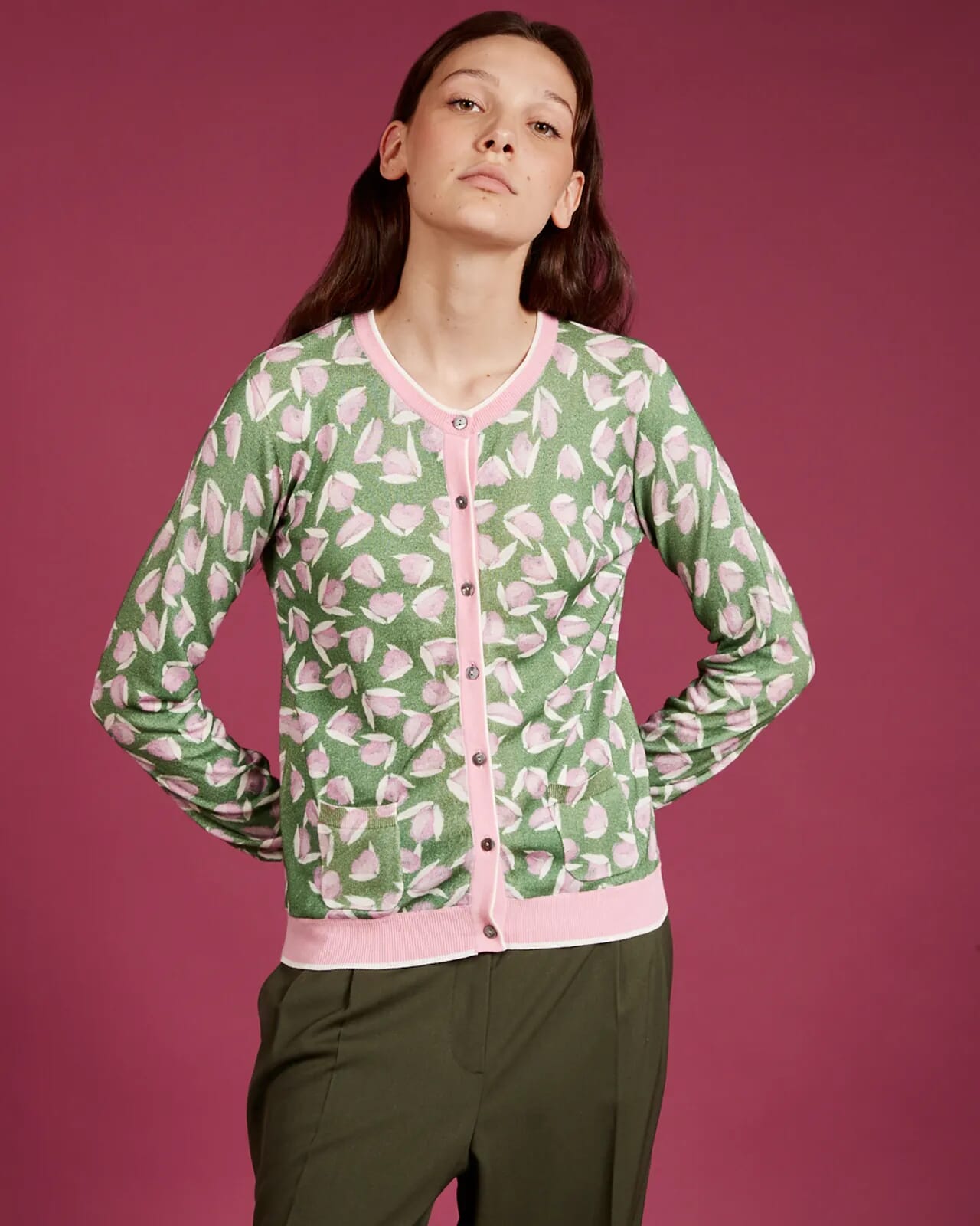 CONTRAST-EDGE PRINT CARDIGAN  WITH POCKETS COL. 915