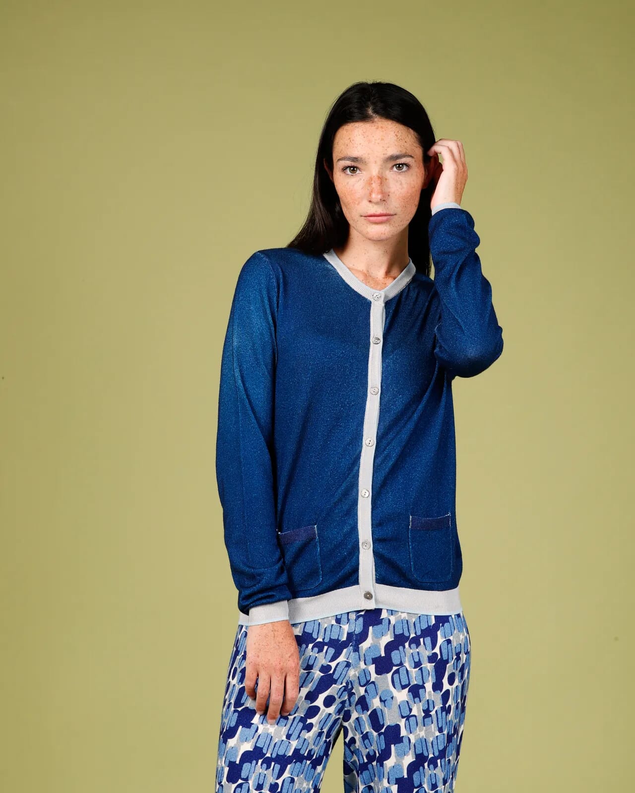 CONTRAST-EDGE PRINT CARDIGAN WITH POCKETS COL. 014