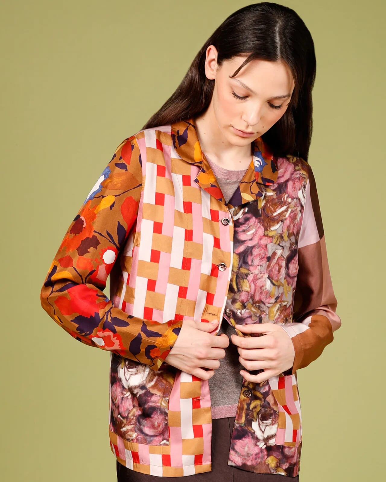FLORAL AND GEOMETRIC PRINT JACKET WITH POCKETS COL.003
